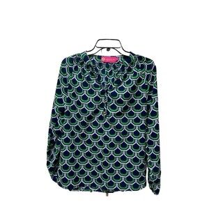 Macbeth Collection Womens Blouse Top Sz S Blue Green Geometric Smocked Shirt